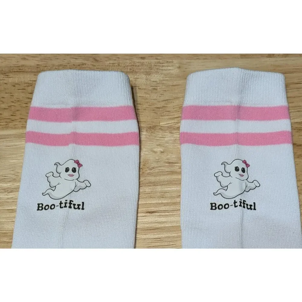 Womens Socks One Size White & Pink Knee High Boo-tiful Ghost Halloween